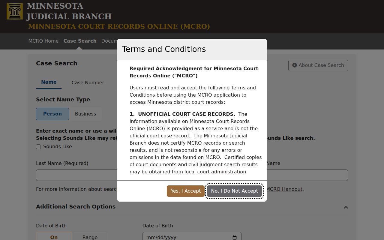 Minnesota Court Records Online case search form with name and case number tabs used for Lac Qui Parle County warrant searches
