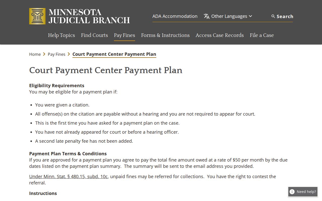 Minnesota payment plan request form fields for Lac Qui Parle County traffic citation cases