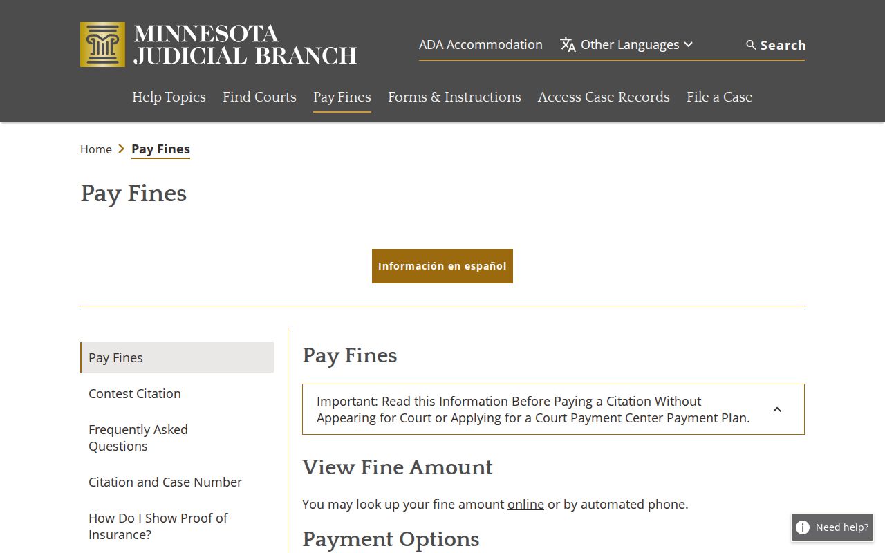 Minnesota Pay a Fine page showing citation payment, appearance, and license notice rules for Lac Qui Parle County