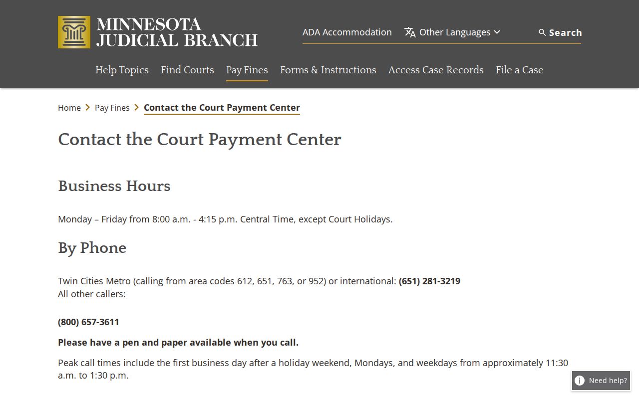 Minnesota Court Payment Center contact form fields for citation questions in Lac Qui Parle County