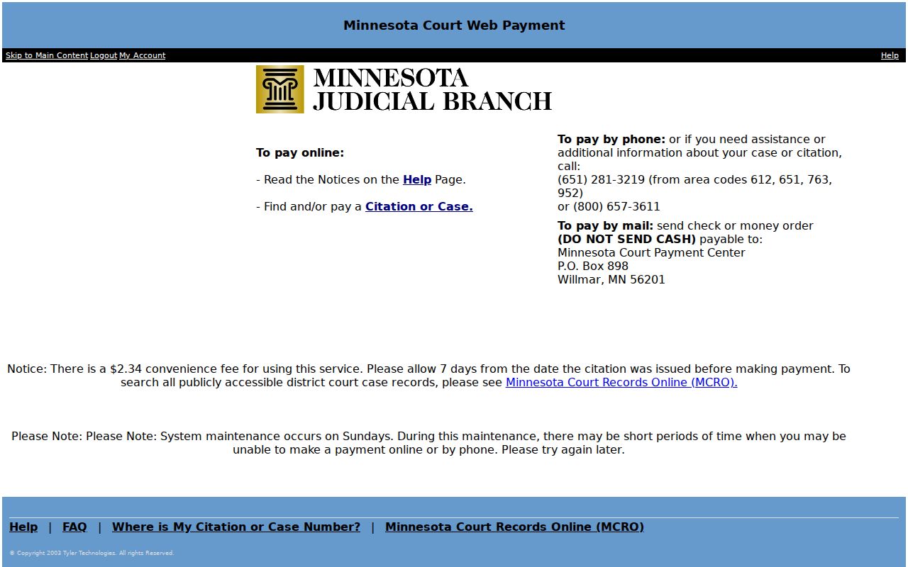 Minnesota court web payment page for citation payments separate from Lac Qui Parle County arrest warrants