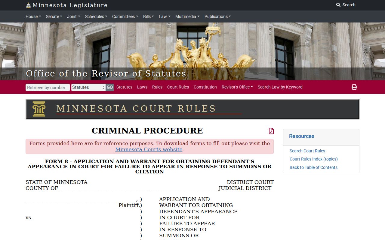 Blank Minnesota failure to appear warrant form fields used for Lac Qui Parle County bench warrants