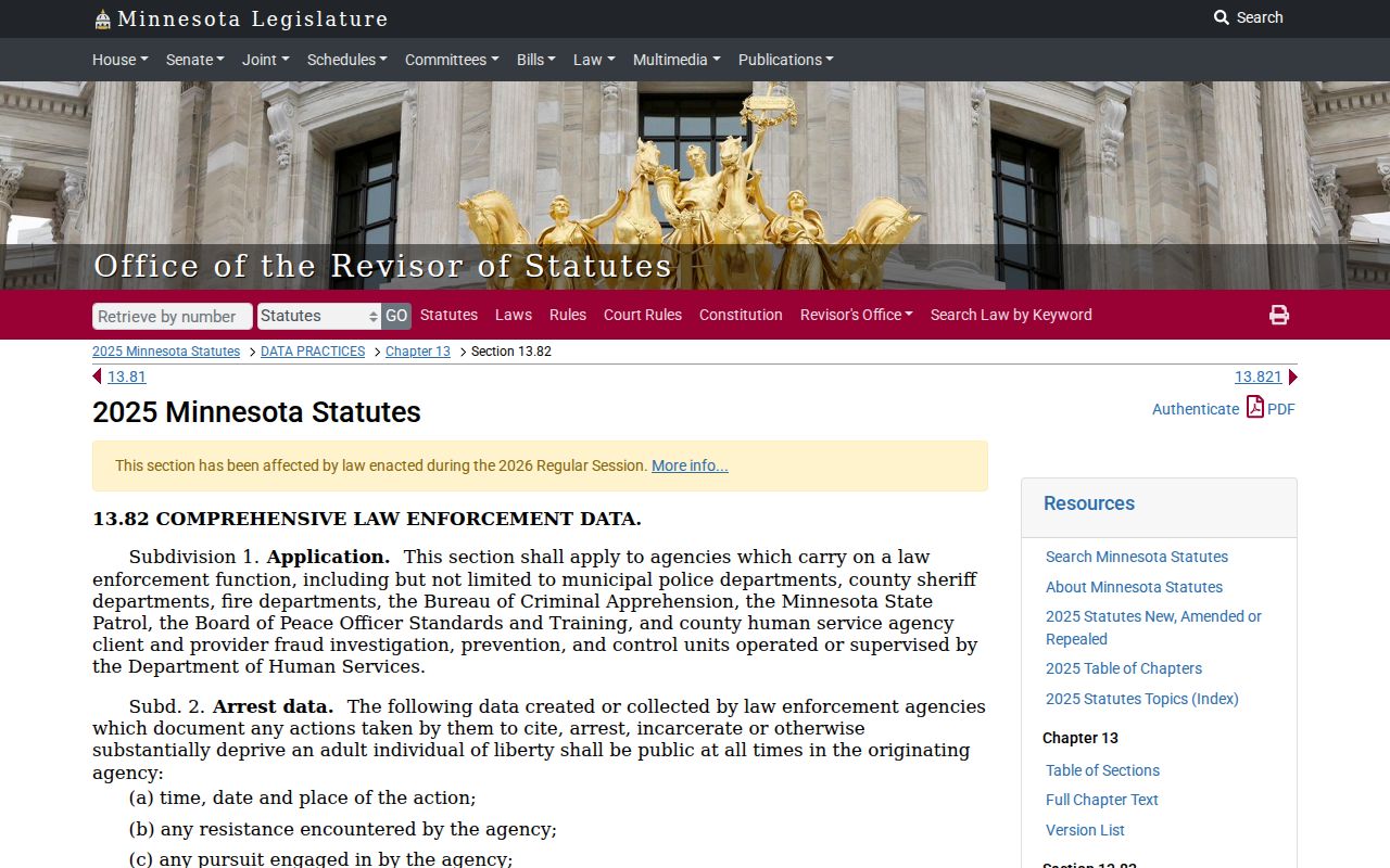 Minnesota statute on confidential arrest warrant index data for Lac Qui Parle County warrants