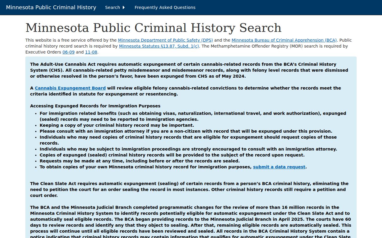 Minnesota BCA public criminal history search page, which is not a Lac Qui Parle County warrant search