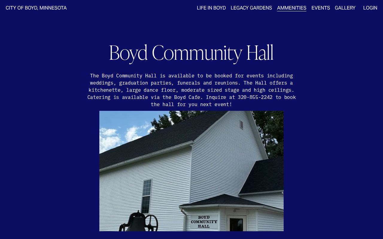 City of Boyd community hall page, with law enforcement coverage routed to Dawson-Boyd Police for Boyd warrant questions